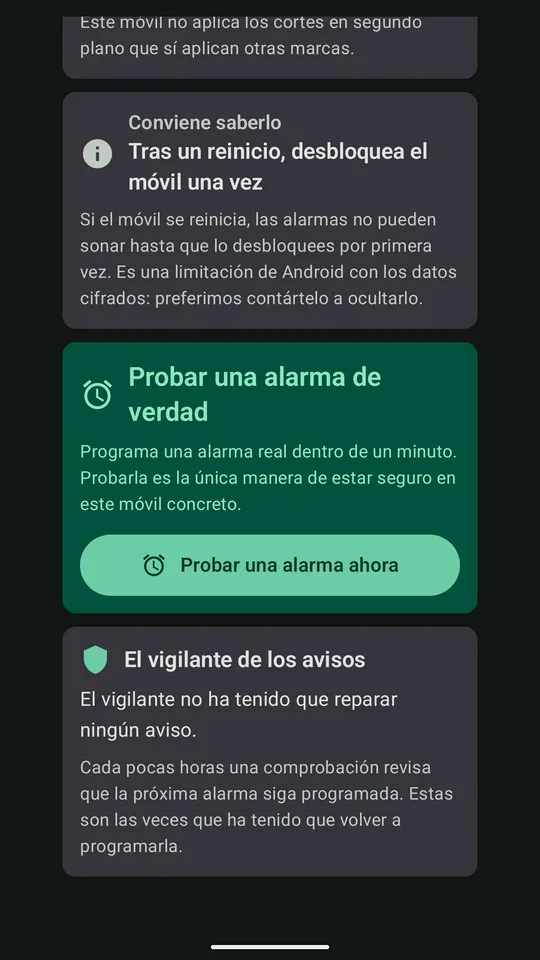 Prueba de alarma real: la única forma de estar seguro en cada móvil.